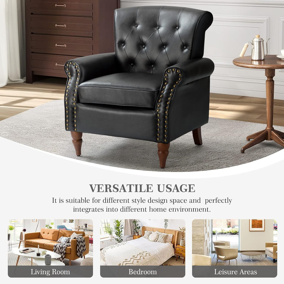 Black PU Leather Accent Chair Set Of 2 with Solid Wood Legs N106119