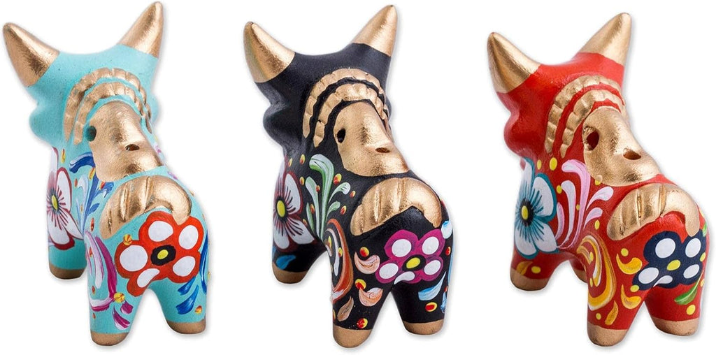Red Black Turquoise Hand Painted Floral Ceramic Bull Figurines, Set of 3 C230820