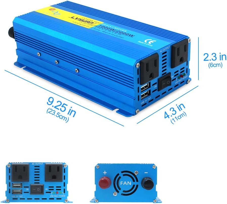 1000W Pure Sine Wave Power Inverter 12V to 110V DC to AC Converter with Dual USB Ports and Dual AC Outlets L1726