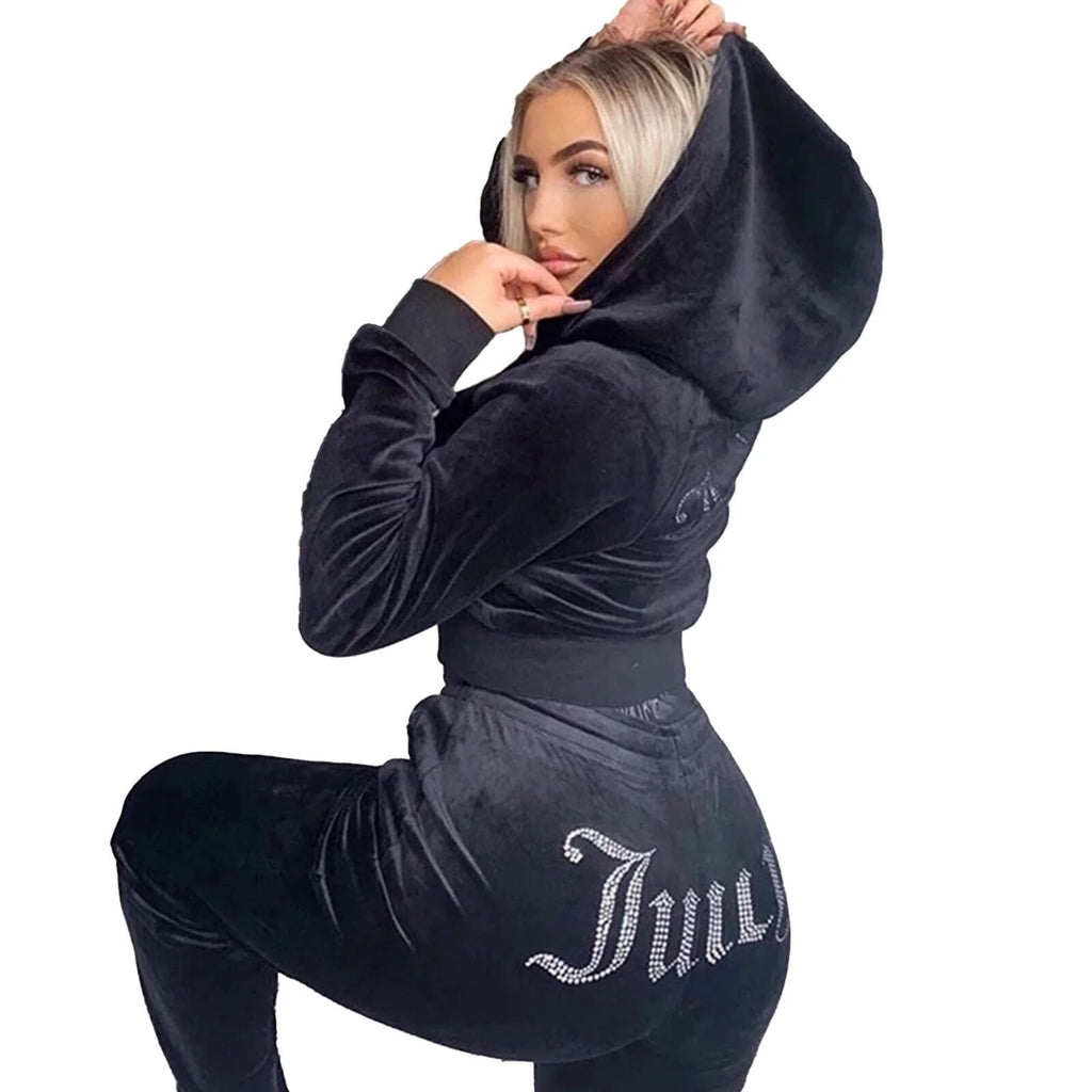 Velour 2-Piece Hoodie Tracksuit Set V13071
