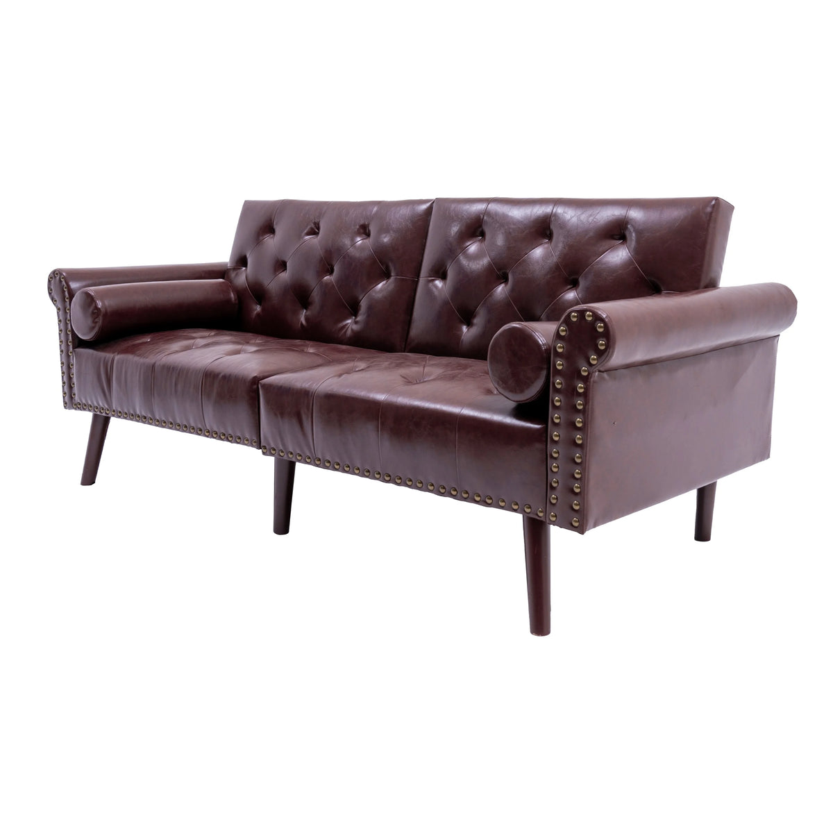 Brown PU Leather Convertible Sofa Bed Loveseat with 2 Pillows G858
