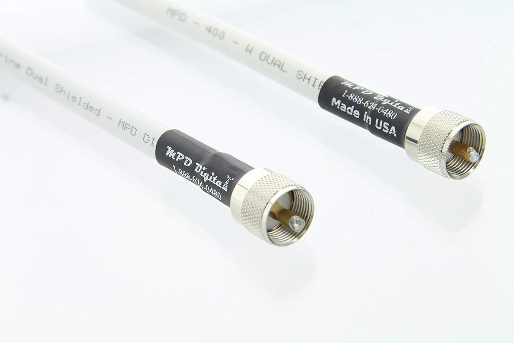 PVC White 50 ohm Coaxial Cable with UHF PL259 Male Crimp Connectors, 100 ft E170