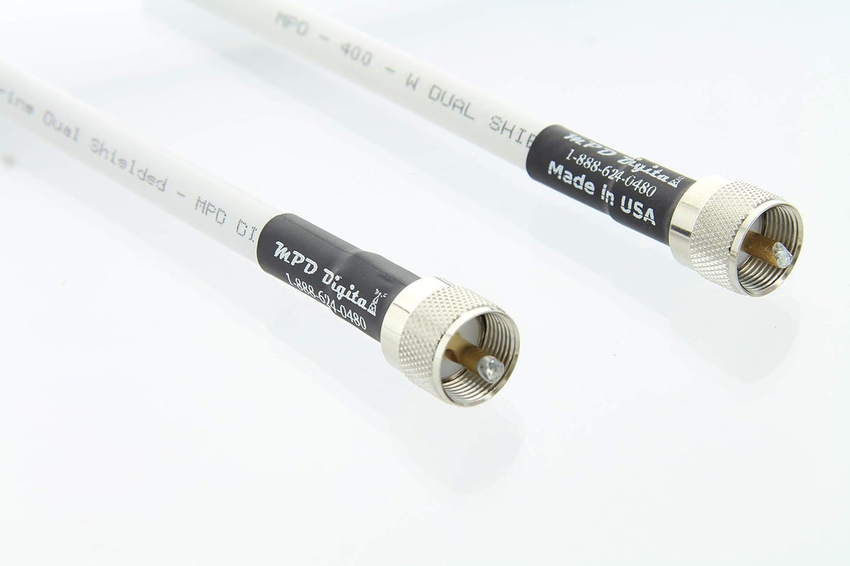 PVC White 50 ohm Coaxial Cable with UHF PL259 Male Crimp Connectors, 100 ft E170