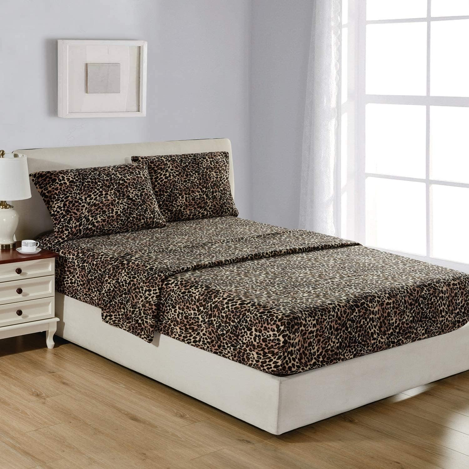 Leopard Full Polar Fleece Microfiber Bed Sheet Set, 4 Pcs Z247