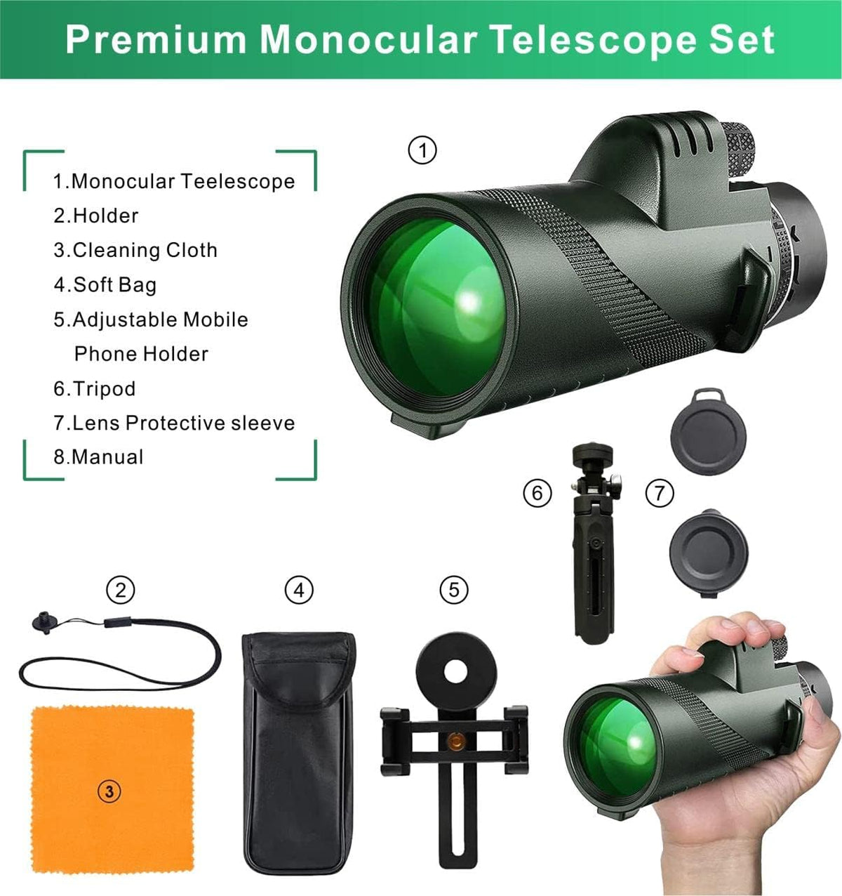 Monocular Telescope with Smartphone Holder and Tripod Y239503