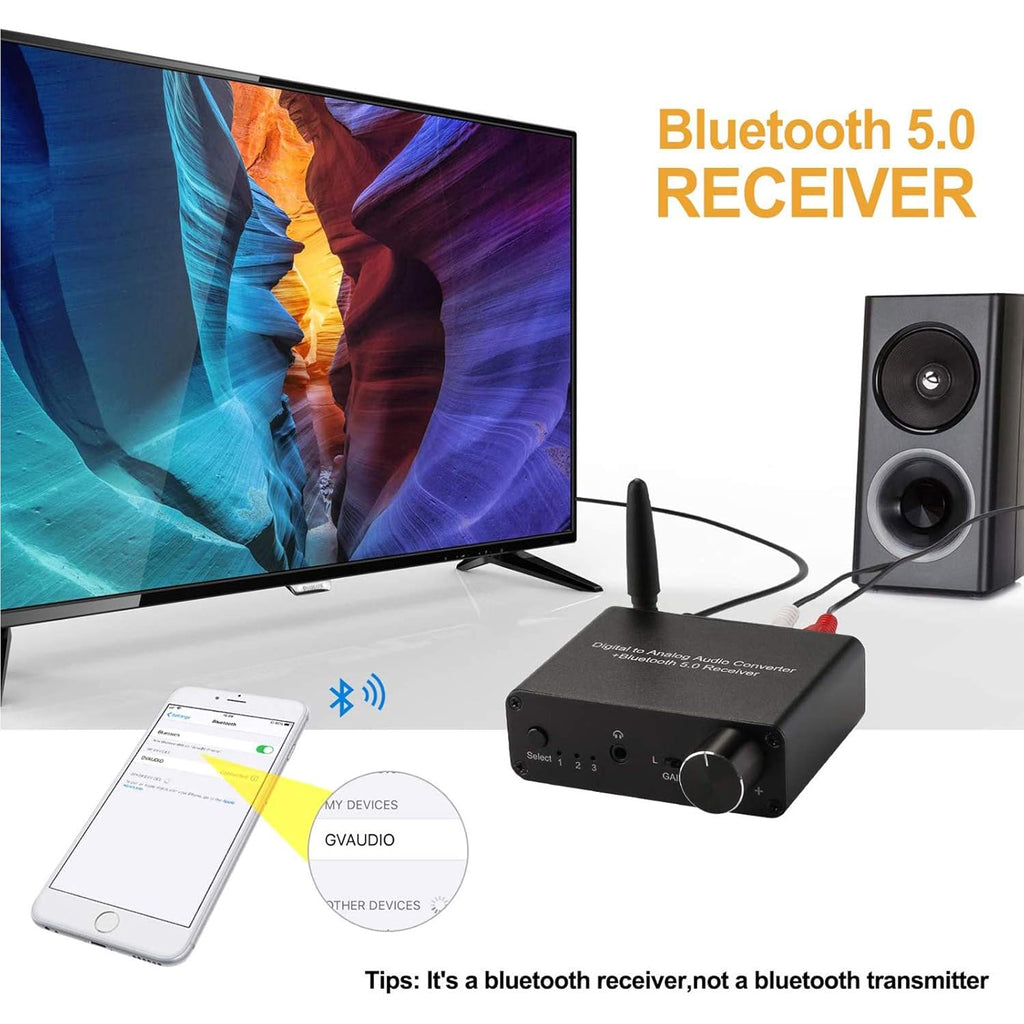 192kHz DAC Bluetooth 5.0 Receiver with Headphone Amplifier Optical/Coaxial to RCA 3.5mm Audio Output E673