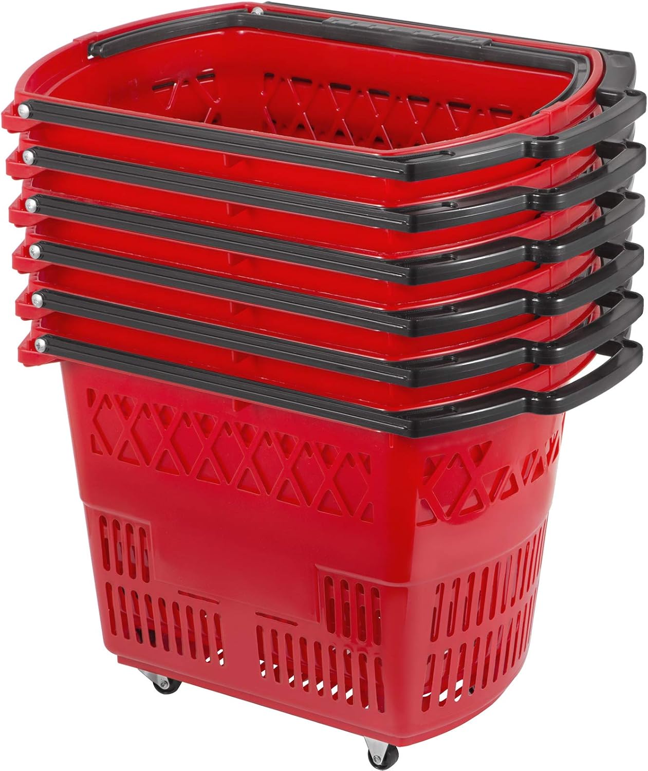 6PCS Red Plastic Rolling Shopping Basket Set with Handles V55990