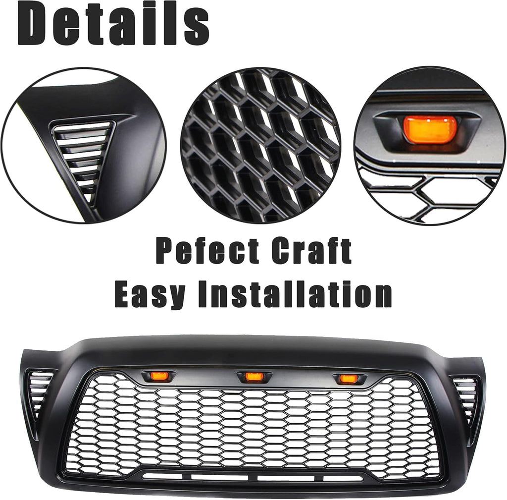 Matte Black ABS Plastic Tacoma Grill with 3 Amber Lights B412