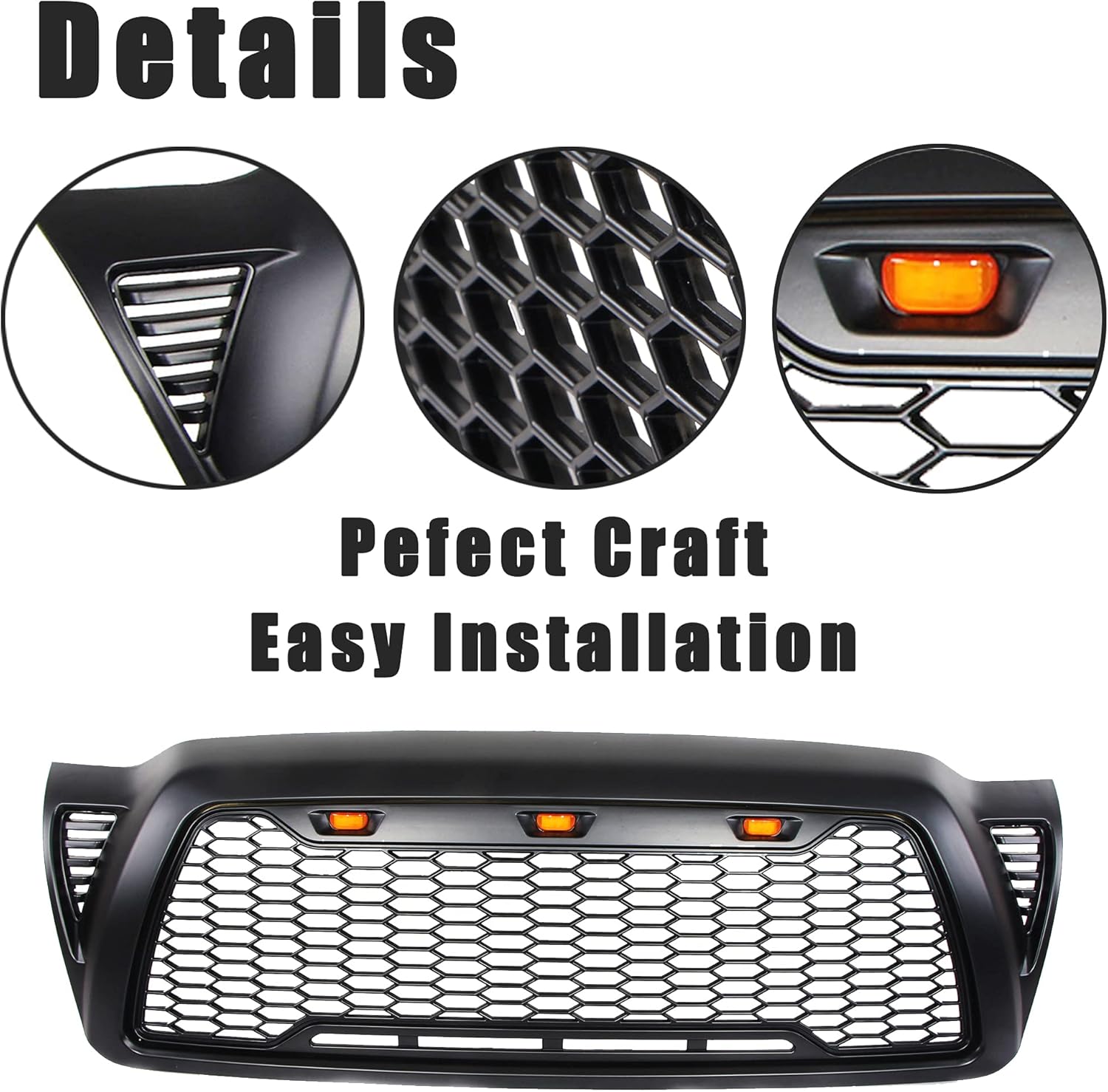 Matte Black ABS Plastic Tacoma Grill with 3 Amber Lights B412