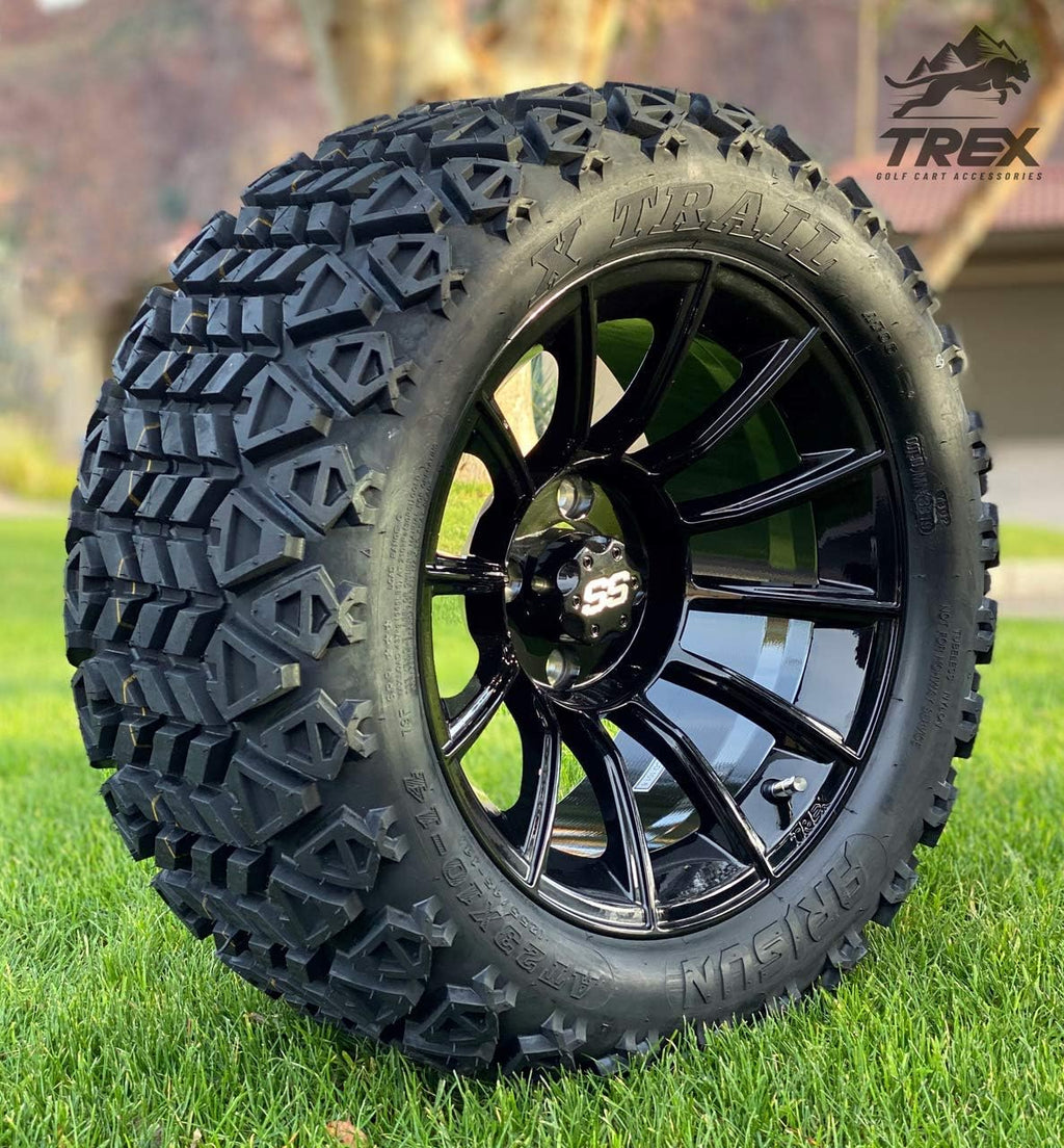 14 TITAN GLOSS BLACK ALUMINIUM WHEELS AND 23X10-14 DOT ALL TERRAIN TIRES COMBO - SET OF 4 M6914