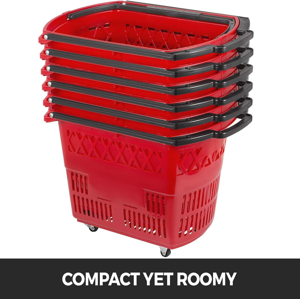 6PCS Red Plastic Rolling Shopping Basket Set with Handles V55990
