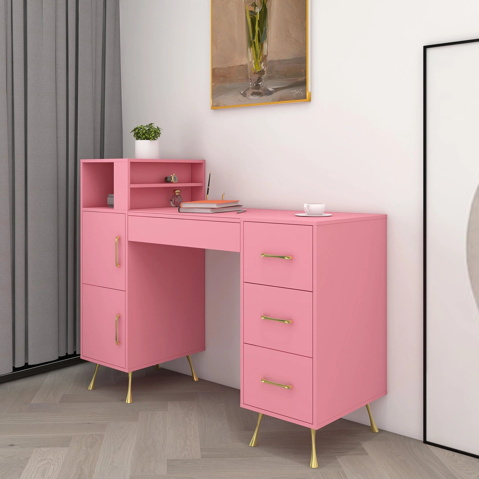 Pink 55inches Vanity Desk with 4 Drawers V113