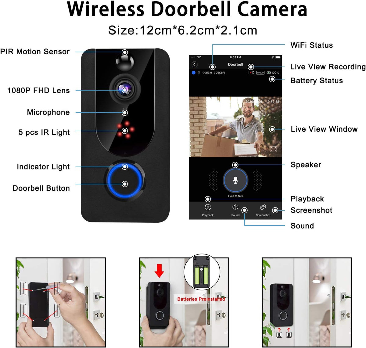 Wireless Doorbell Camera 1080P with Chime, PIR Motion Detection, IP65 Waterproof, 2-Way Audio M5475