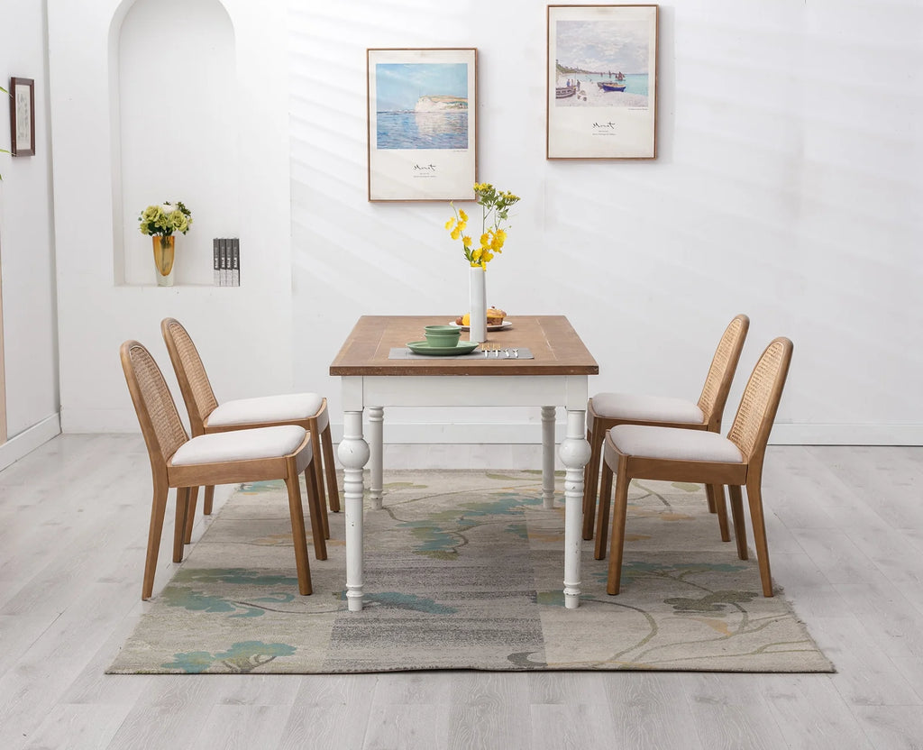 Beige Linen Upholstered Dining Chair Set of 2 with Rattan Back X24842