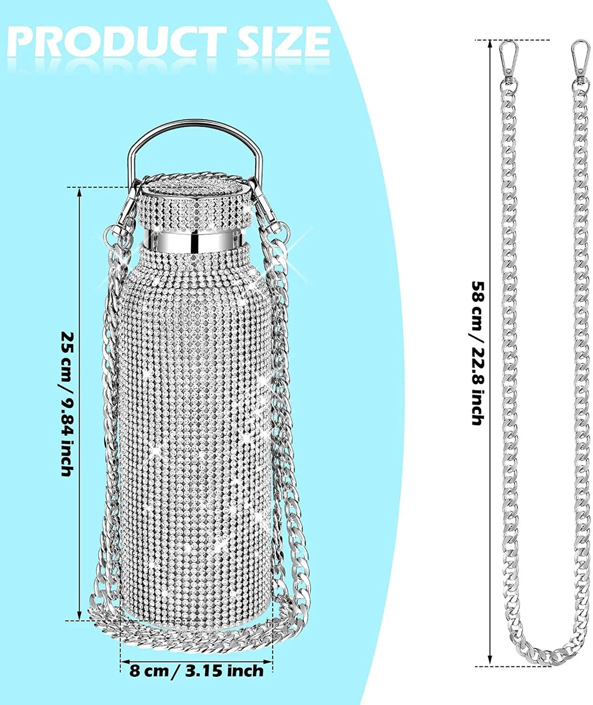 Bling Rhinestone Stainless Steel Insulated Water Bottle With Carry on Chain 500ML P52721