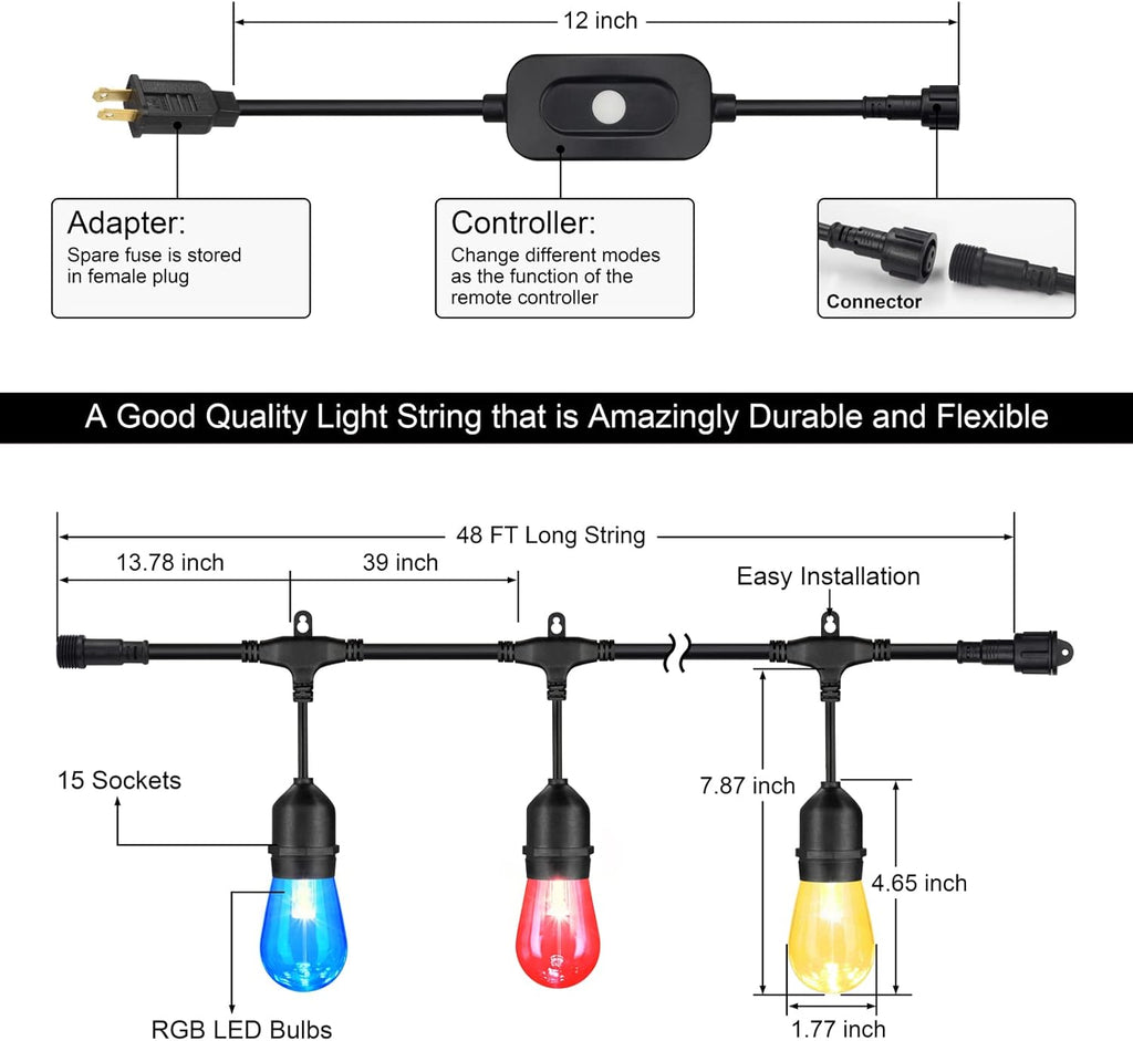 48FT RGB Cafe String Lights with 18 Shatterproof Edison Bulbs U855872