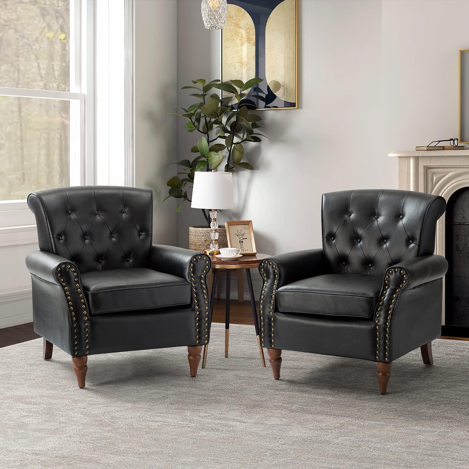 Black PU Leather Accent Chair Set Of 2 with Solid Wood Legs N106119
