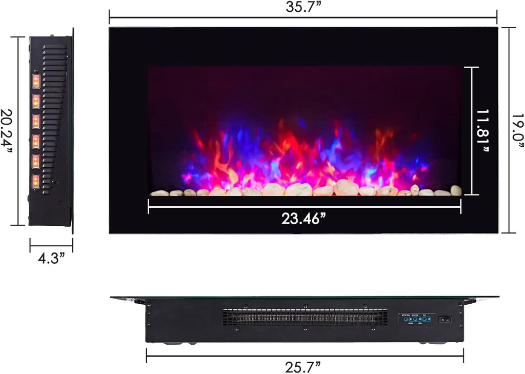Black 36 Inch Wall-Mounted Electric Fireplace with Remote Control V9821