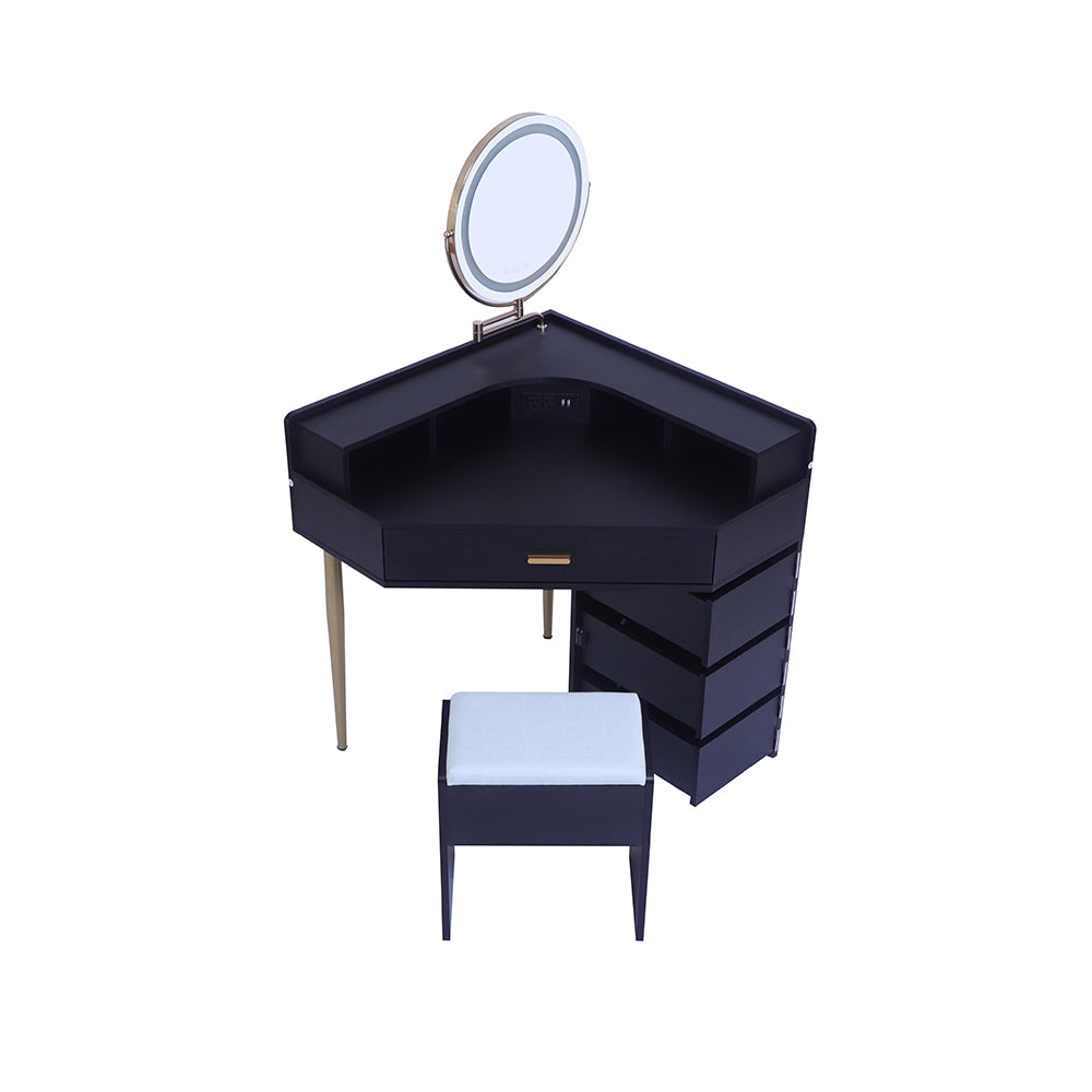 Corner Vanity Desk with Lights, Storage Shelf, 3 Drawers, Cushioned Stool Q751728