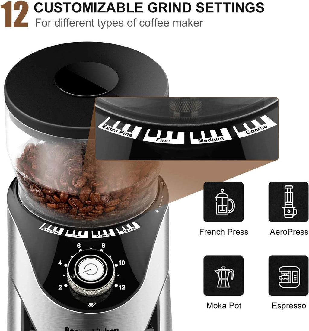 Stainless Steel Electric Conical Burr Coffee Grinder with 12 Grind Settings Y9543