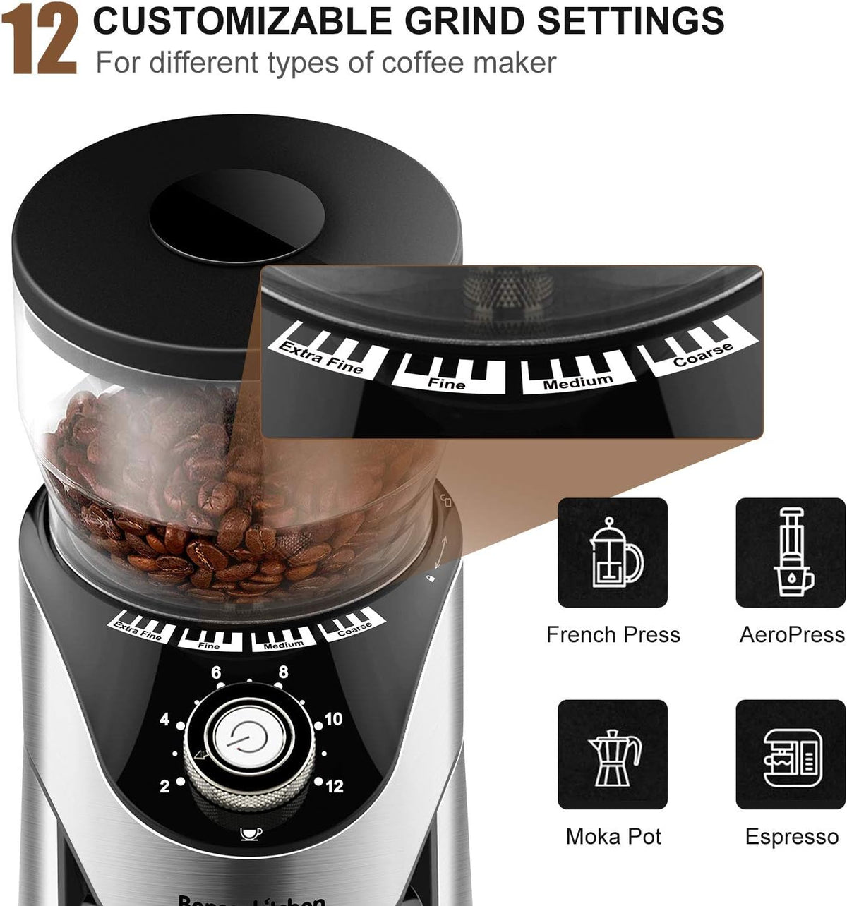 Stainless Steel Electric Conical Burr Coffee Grinder with 12 Grind Settings Y9543