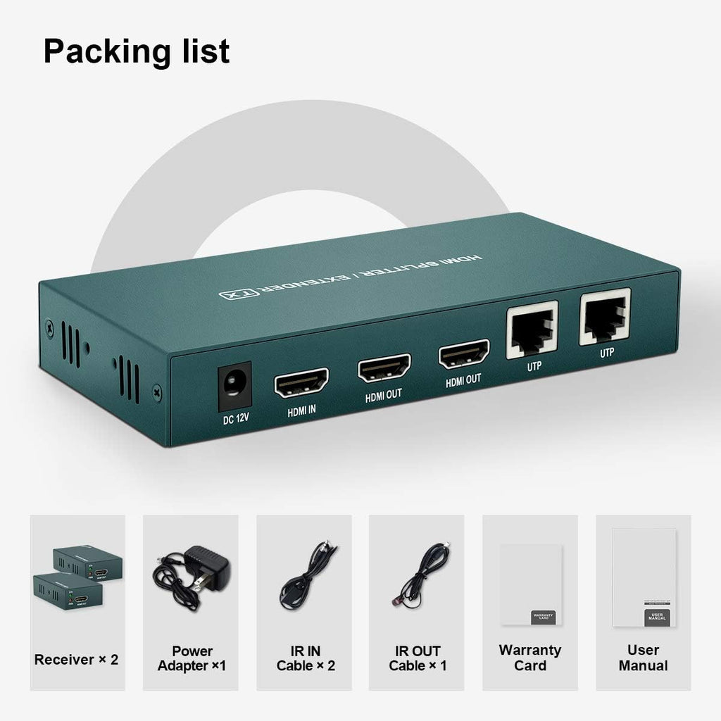 HDMI Extender Splitter 1x2 with IR, 1080P@60Hz, 165ft (50m) over CAT5e/CAT6/CAT7, 2 HDMI Loop Out I136055