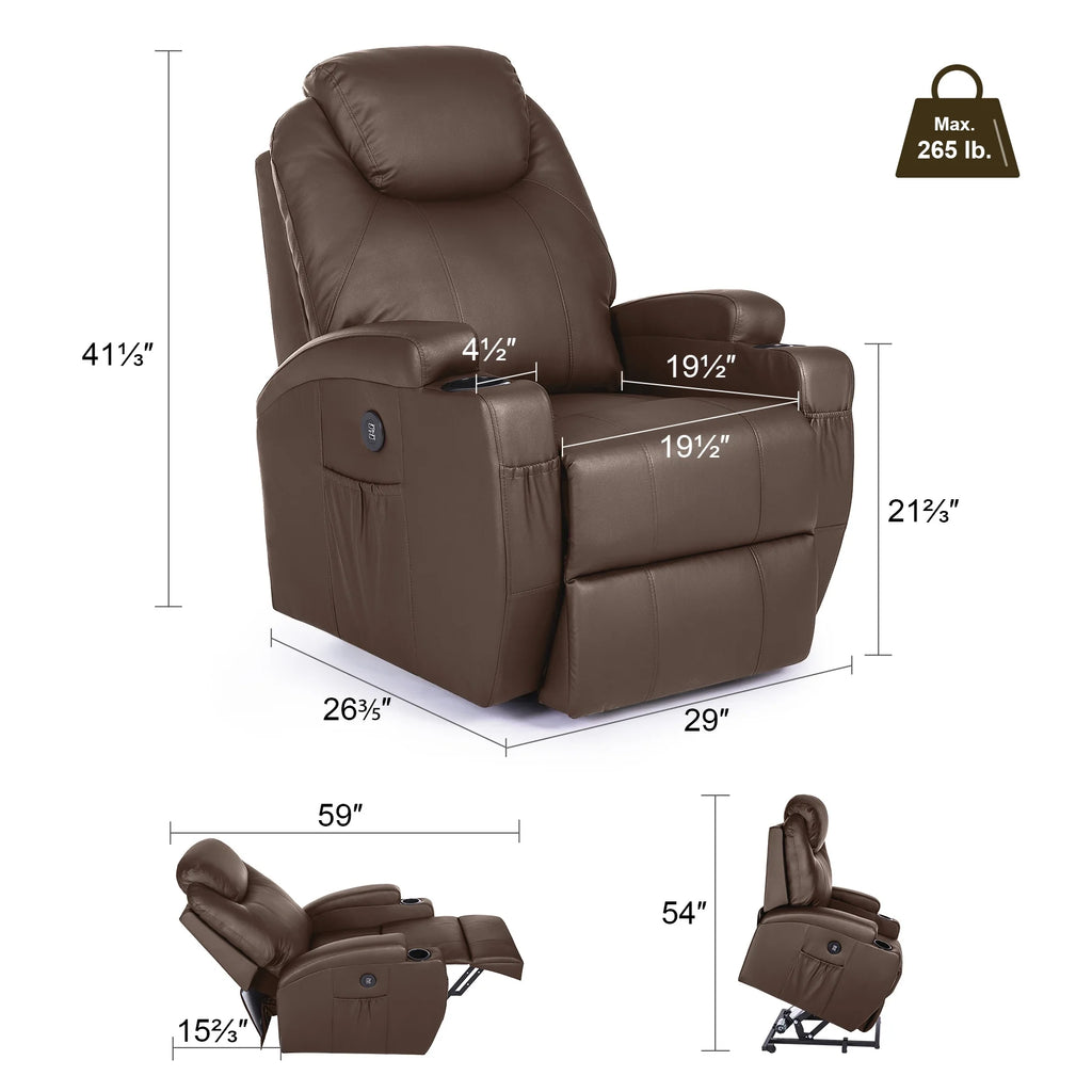 Brown Recliner Chair with Heated Massage Footrest Cup Holders USB Port F51294