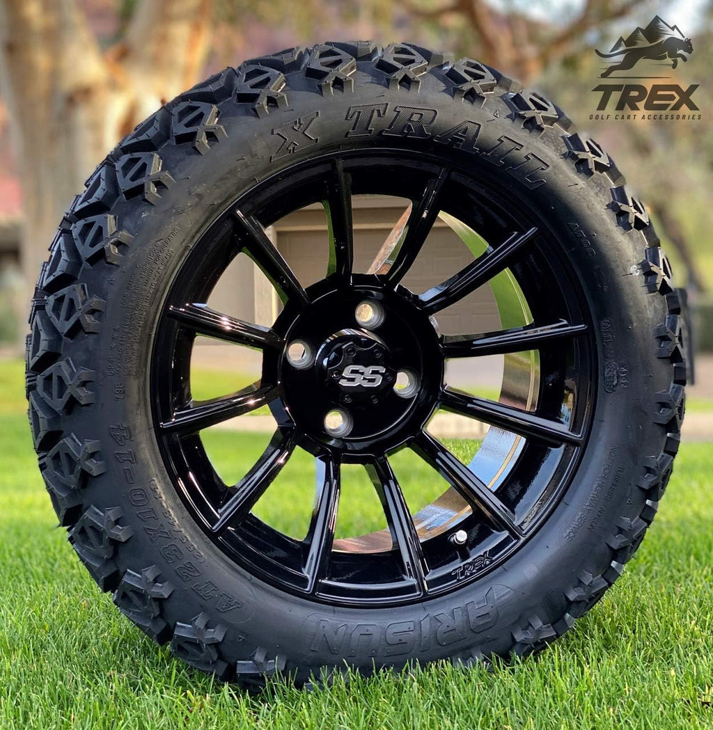 14 TITAN GLOSS BLACK ALUMINIUM WHEELS AND 23X10-14 DOT ALL TERRAIN TIRES COMBO - SET OF 4 M6914