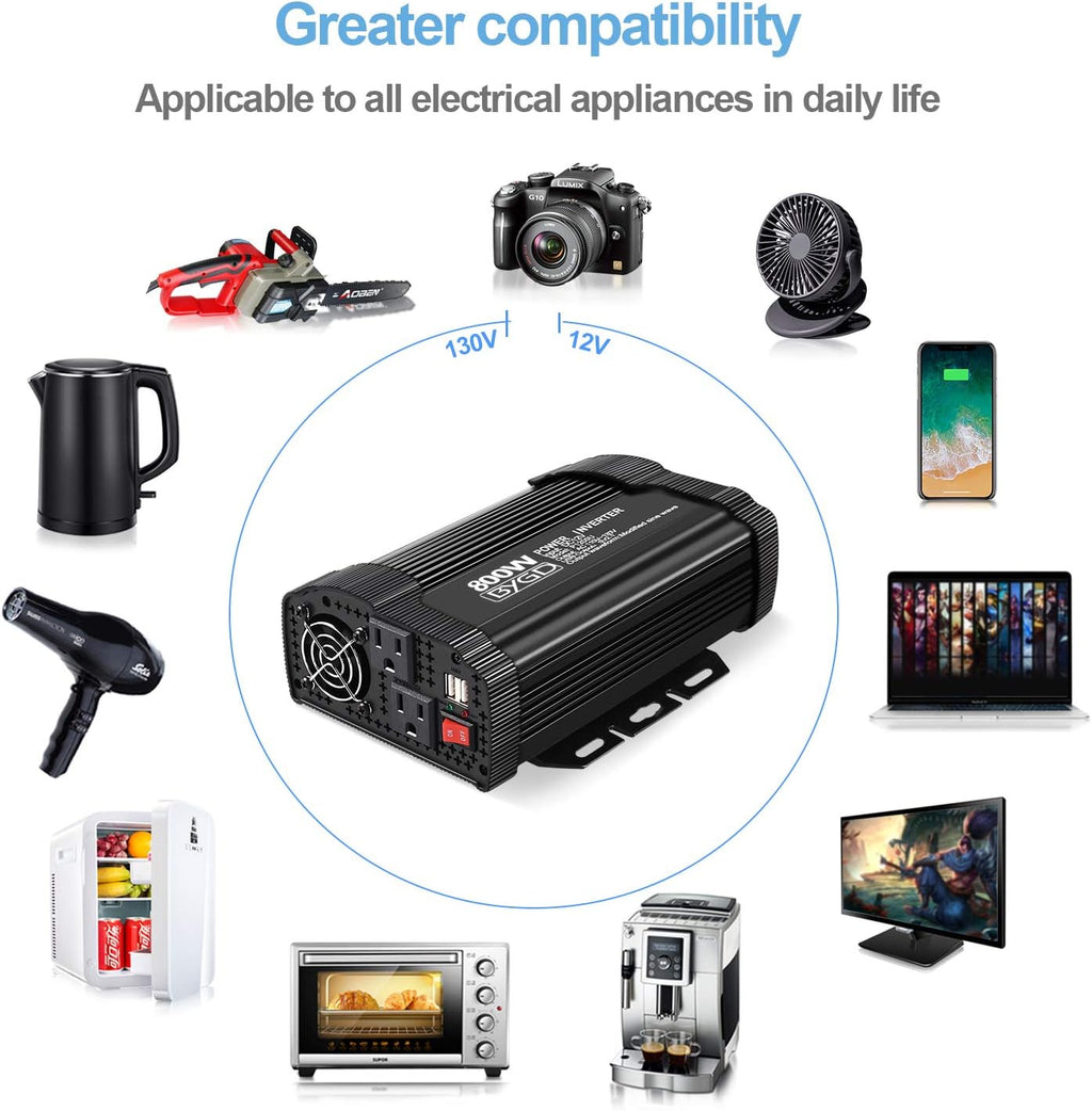 2000W Power Inverter 12V to 110V DC to AC Modified Sine Wave Inverter with 4 AC Outlets 2.1A USB Ports S34277