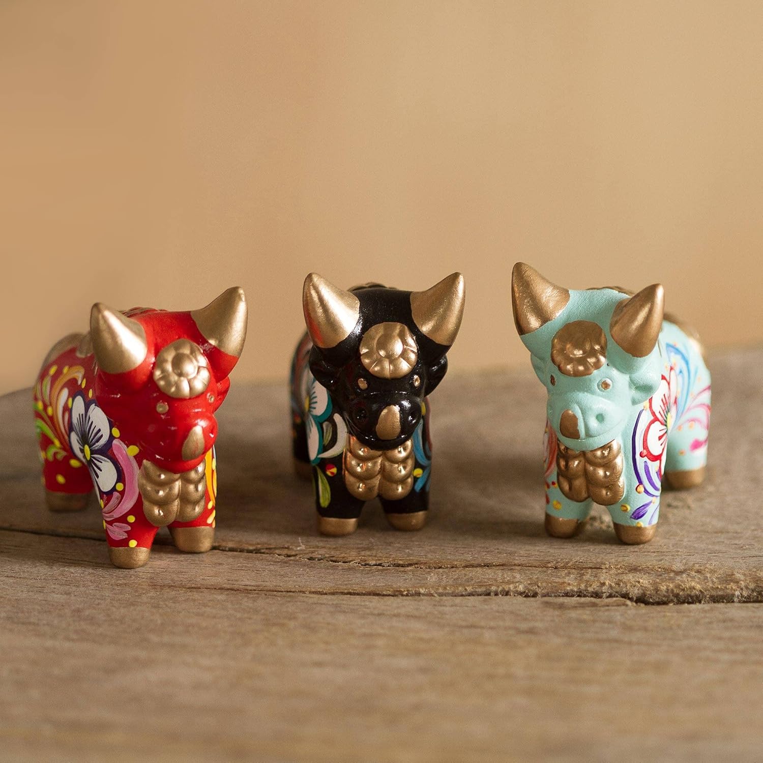 Red Black Turquoise Hand Painted Floral Ceramic Bull Figurines, Set of 3 C230820