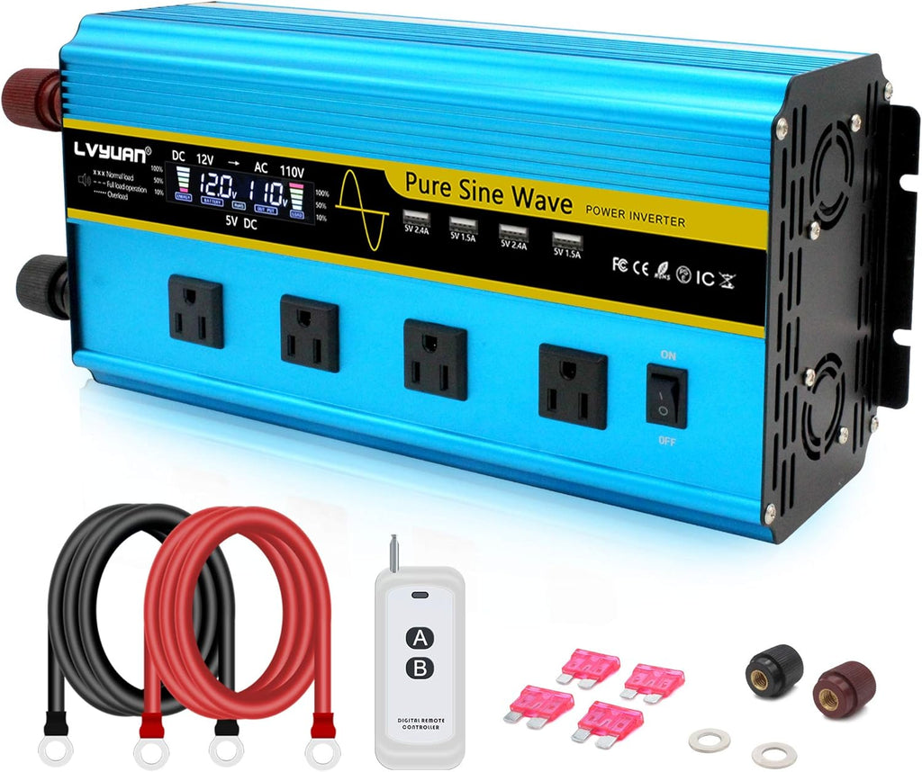 1000W Pure Sine Wave Power Inverter 12V to 110V DC to AC Converter with Dual USB Ports and Dual AC Outlets L1726