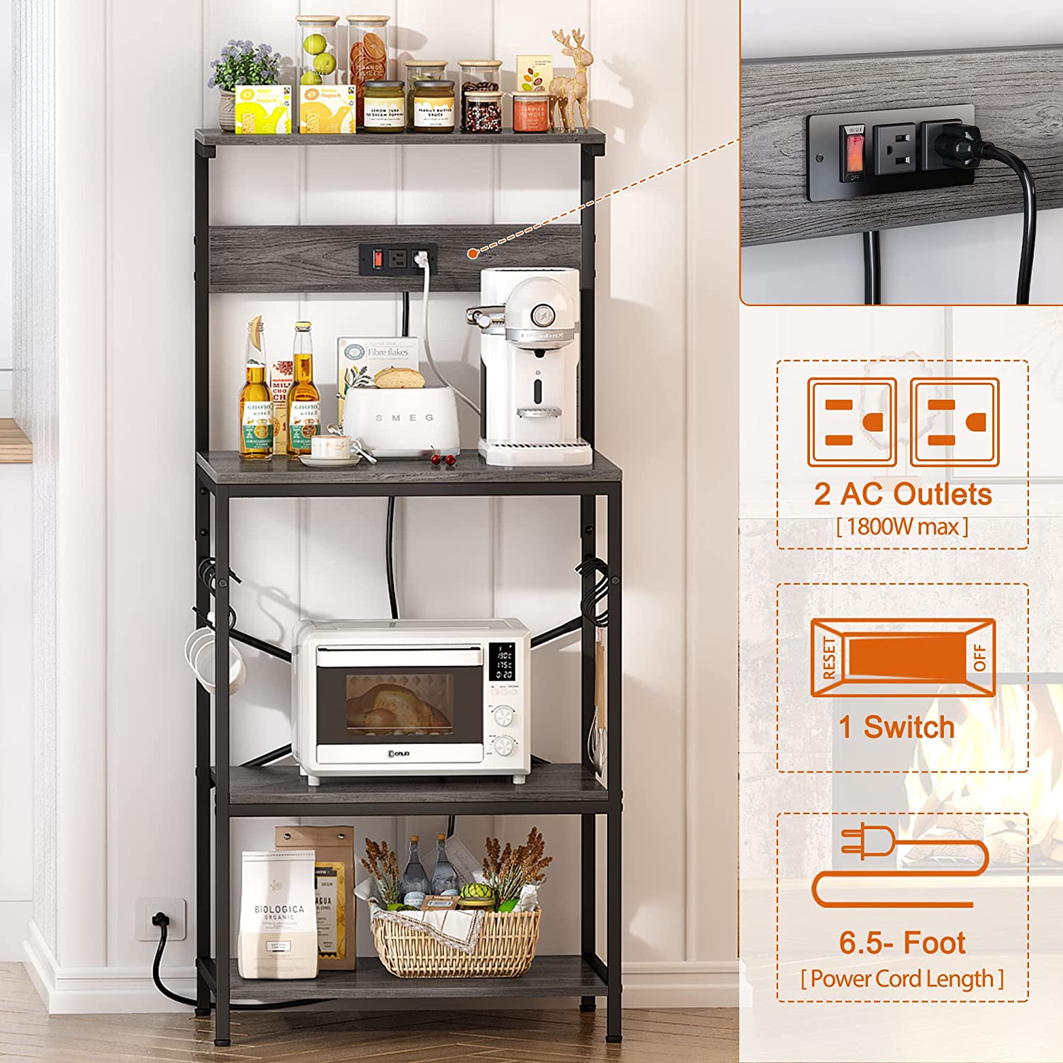 Charcoal Gray 4 Tiers Kitchen Bakers Rack with Power Outlet D323