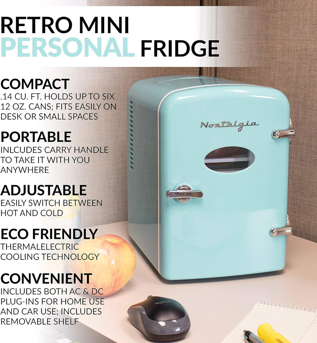 Retro 6-Can Mini Refrigerator with Carry Handle, Aqua T935572