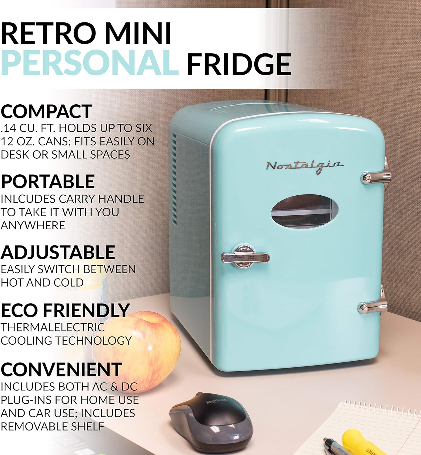 Retro 6-Can Mini Refrigerator with Carry Handle, Aqua T935572