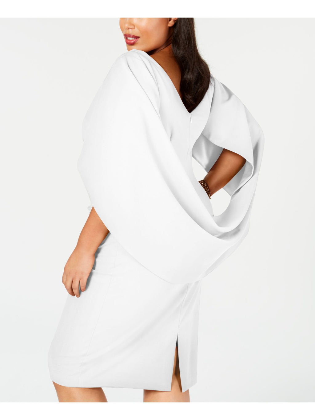 White Zippered Ruched Cape Sleeves V-back Round Neck Above The Knee Party Sheath Dress Plus 14W U108