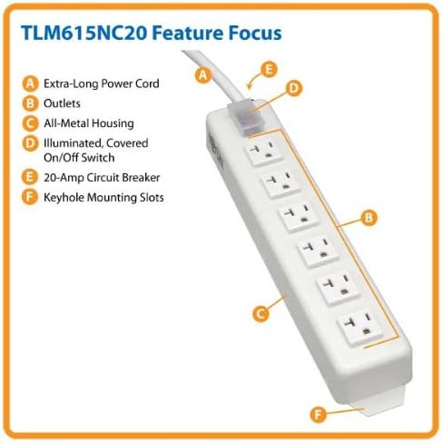 6 Outlet Power Strip, 20A, 15ft Cord with 5-20P Plug R55434