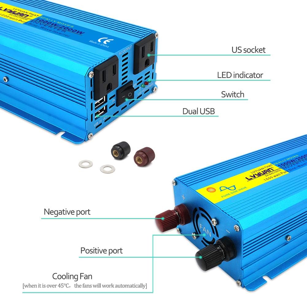 1000W Pure Sine Wave Power Inverter 12V to 110V DC to AC Converter with Dual USB Ports and Dual AC Outlets L1726