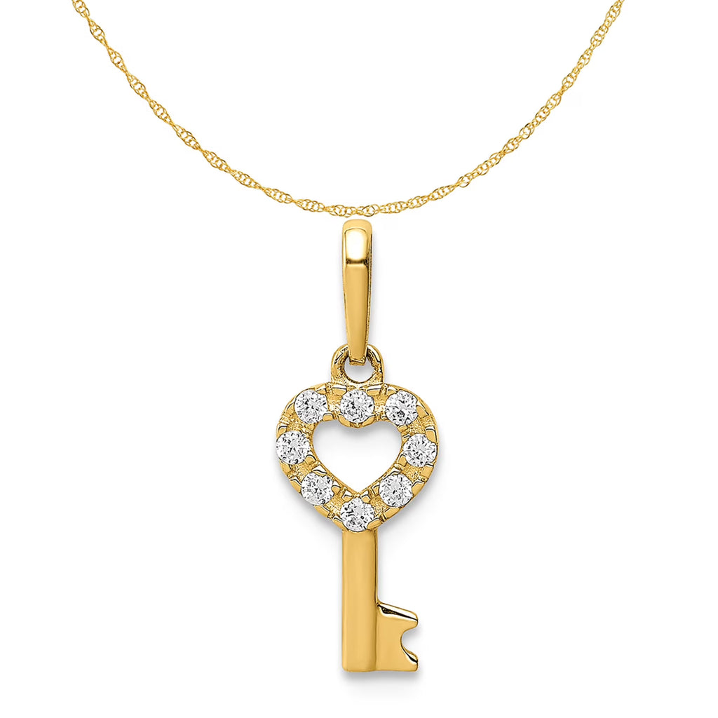 14K Yellow Gold CZ Key Dangle Pendant Charm With 10K Yellow Gold Lightweight Rope Chain Necklace 16'' V158847