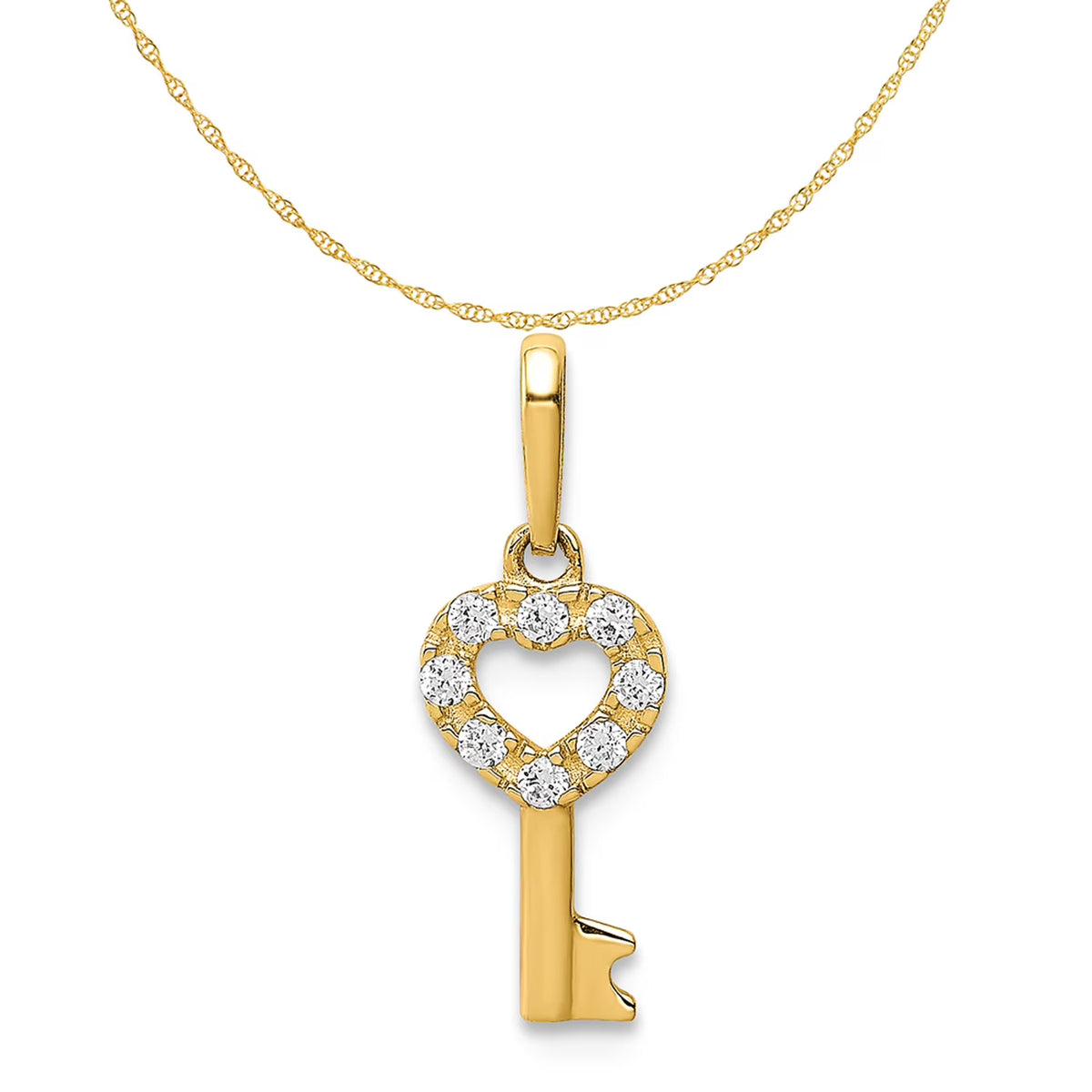 14K Yellow Gold CZ Key Dangle Pendant Charm With 10K Yellow Gold Lightweight Rope Chain Necklace 16'' V158847