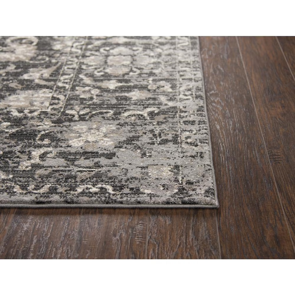 Floral Distress Gray Dk Gray Tan Ivory Black Rug V610