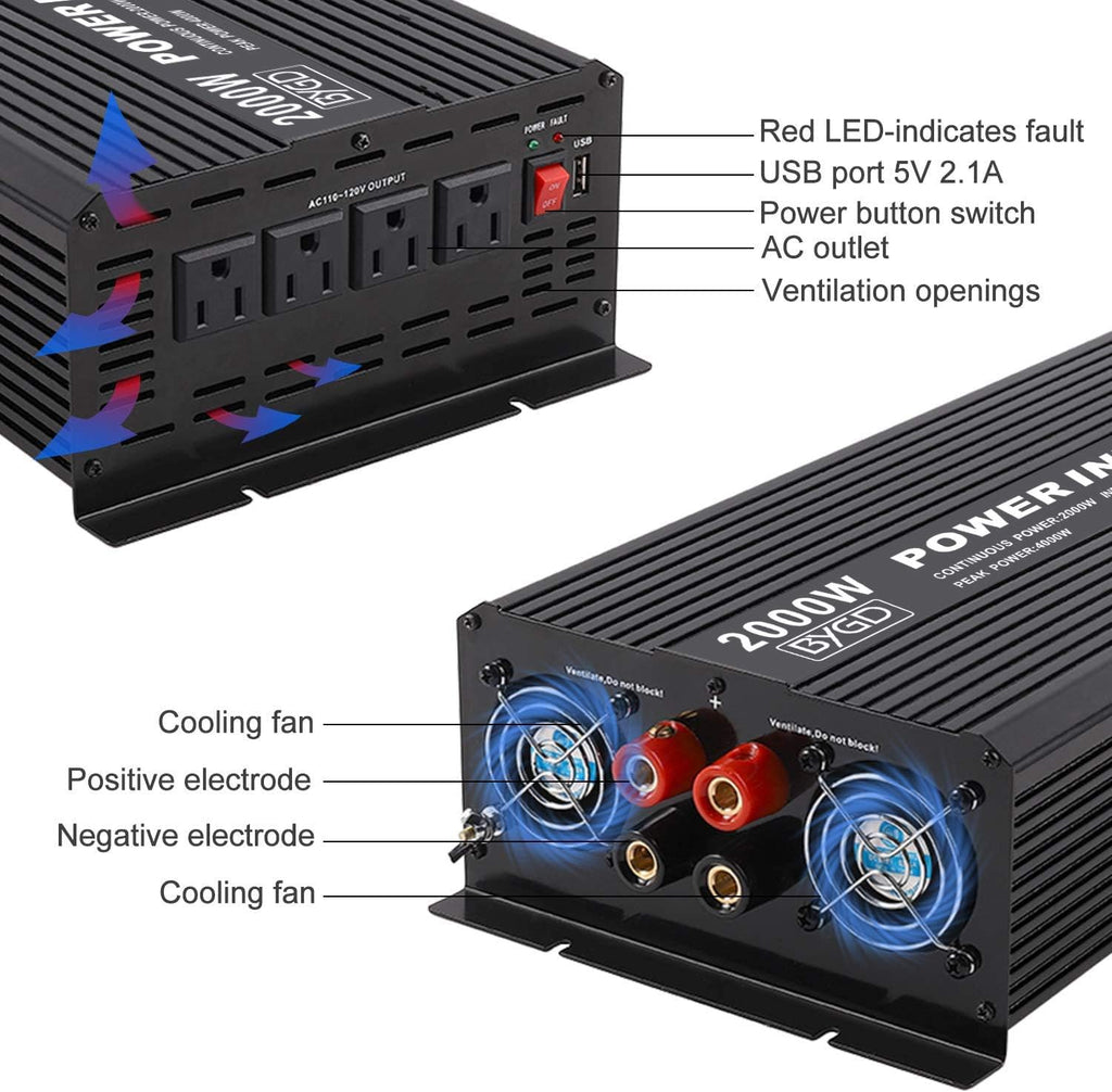 2000W Power Inverter 12V to 110V DC to AC Modified Sine Wave Inverter with 4 AC Outlets 2.1A USB Ports S34277