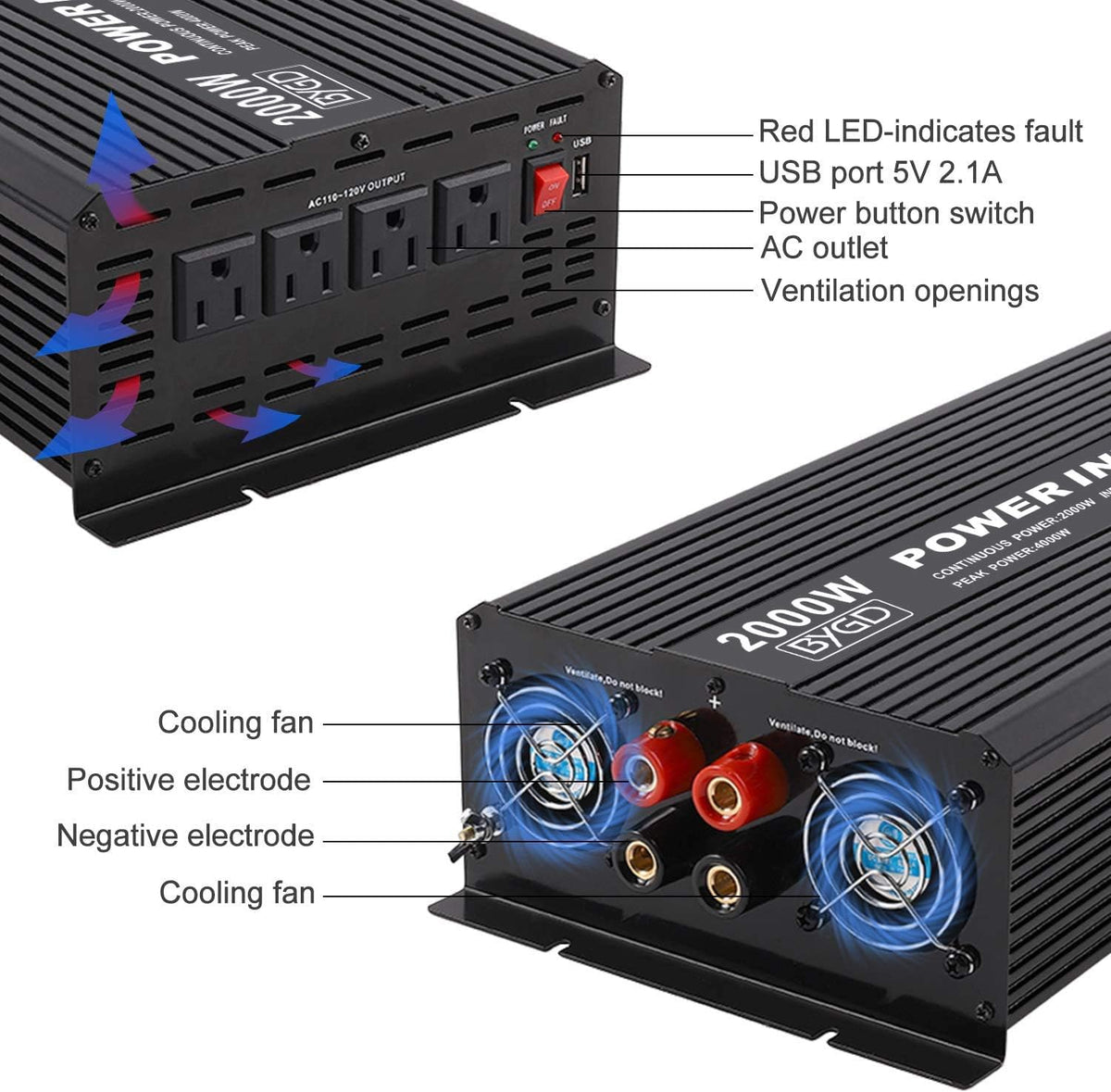 2000W Power Inverter 12V to 110V DC to AC Modified Sine Wave Inverter with 4 AC Outlets 2.1A USB Ports S34277