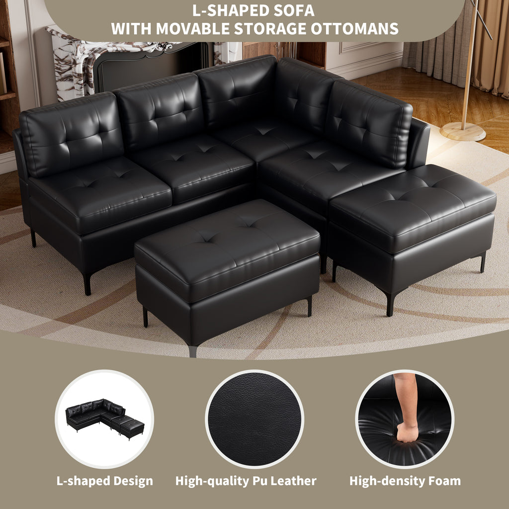 Black PU Leather L-Shaped Corner Sectional Sofa with Movable Storage Ottomans M11904
