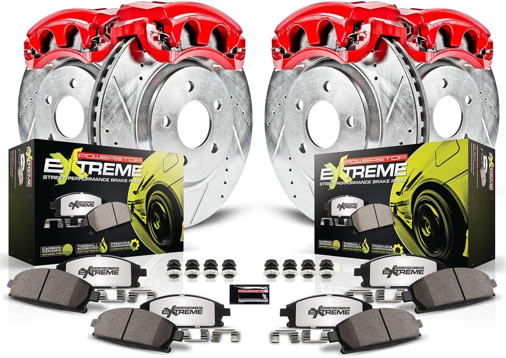 Front and Rear Carbon Fiber Brake Pads with Drilled & Slotted Brake Rotors Kit U65288