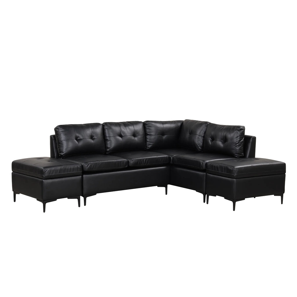 Black PU Leather L-Shaped Corner Sectional Sofa with Movable Storage Ottomans M11904