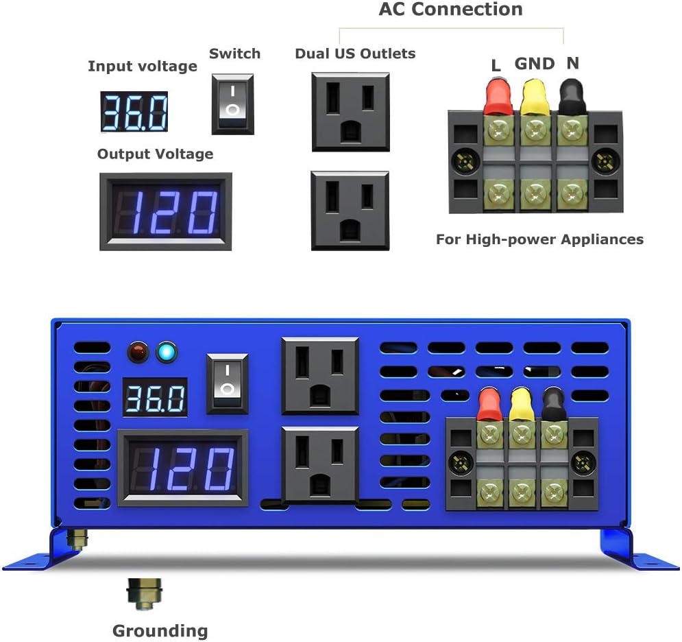 3500W Pure Sine Wave Power Inverter 36V DC to 120V AC with Wireless Remote Control A385