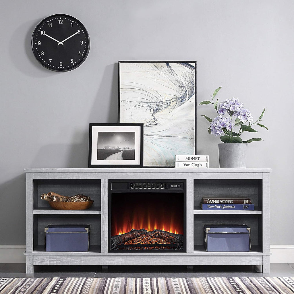 Gray Wash TV Stand with Wood Glass Storage Cabinets G4573