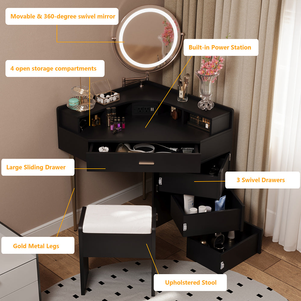 Corner Vanity Desk with Lights, Storage Shelf, 3 Drawers, Cushioned Stool Q751728