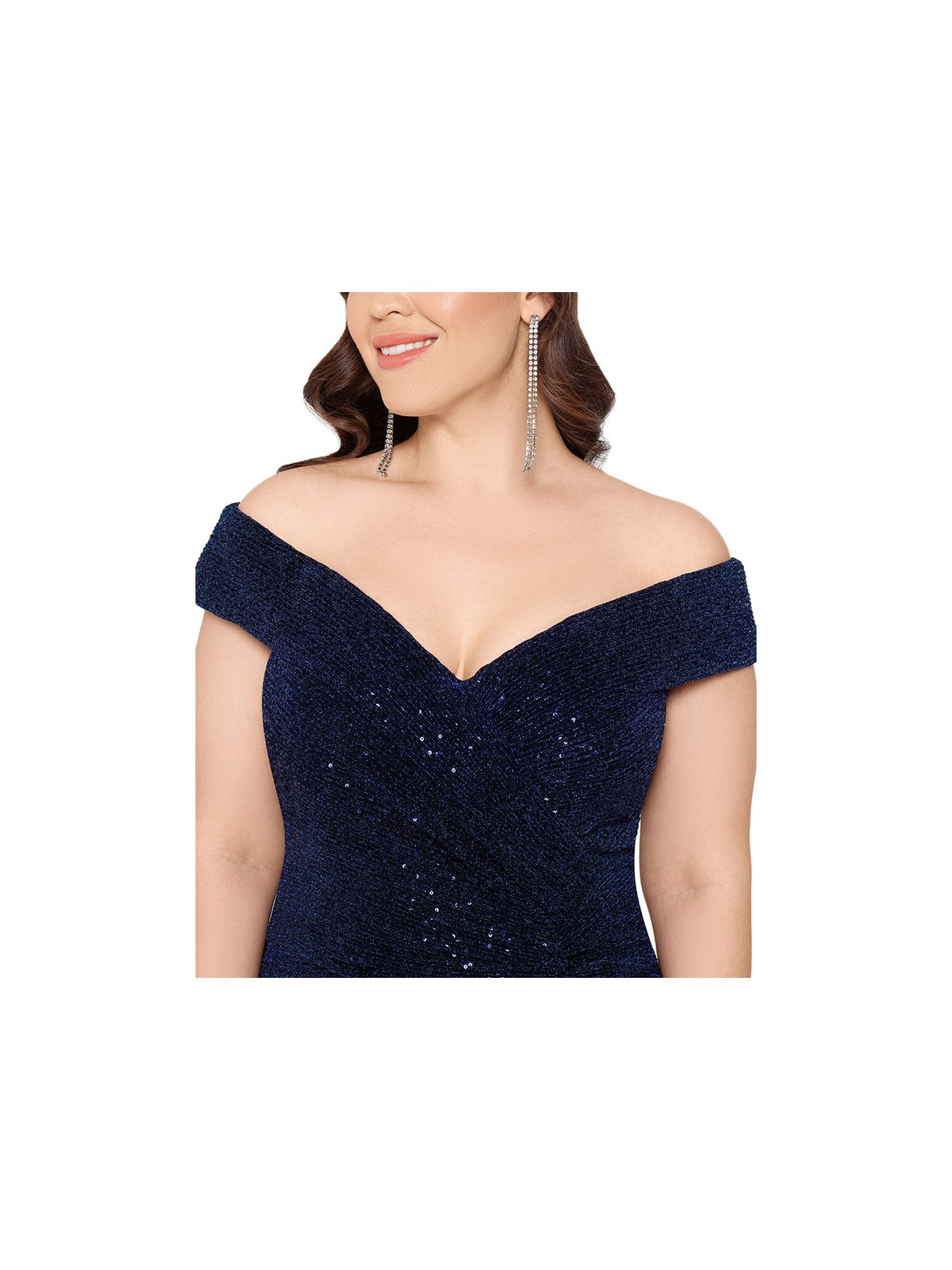 Navy Ruched Zippered Short Sleeve Off Shoulder Full-Length Formal Gown Dress Plus 18W E7683