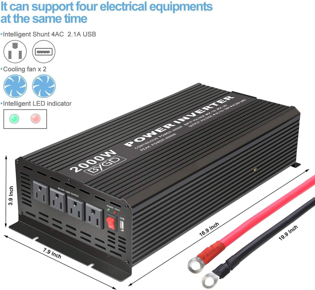 2000W Power Inverter 12V to 110V DC to AC Modified Sine Wave Inverter with 4 AC Outlets 2.1A USB Ports S34277